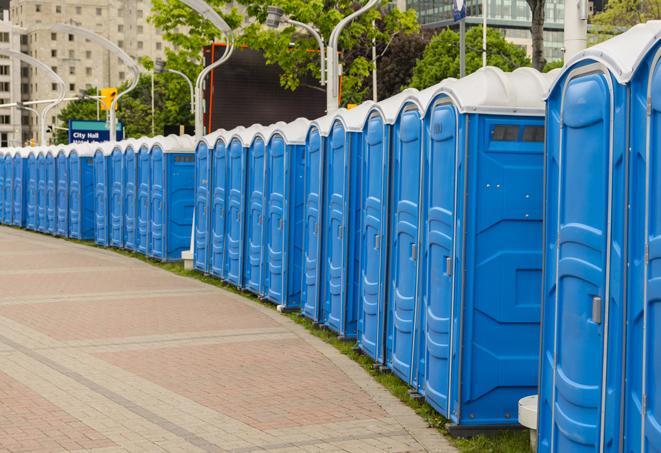 a row of portable restrooms at a trade show, catering to visitors with a professional and comfortable experience in Bolingbrook